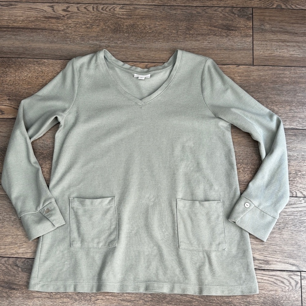 J. Jill Patch Pocket V-Neck Pullover Tunic Top Green Sz Small PETITE